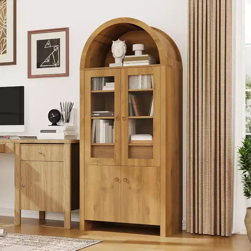 Armoire de cellier arquée de 180 cm de haut, armoires de rangement de cuisine de style ferme avec tiroir caché et étagères réglables, chêne naturel