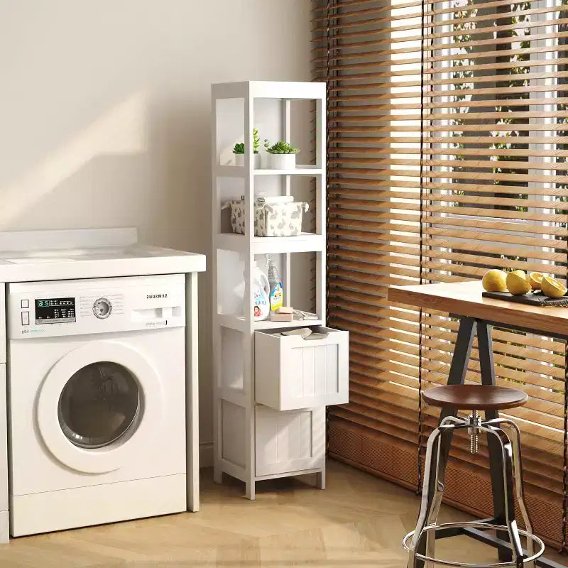 Meuble de rangement haut et étroit pour salle de bain de 145 cm avec étagères et tiroirs, organisateur de tour étanche