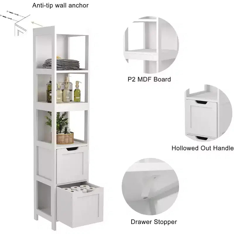 Meuble de rangement haut et étroit pour salle de bain de 145 cm avec étagères et tiroirs, organisateur de tour étanche
