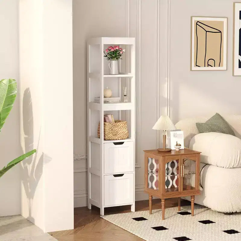 Meuble de rangement haut et étroit pour salle de bain de 145 cm avec étagères et tiroirs, organisateur de tour étanche