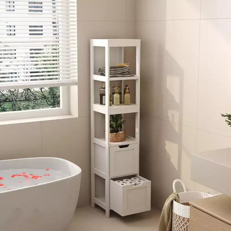 Meuble de rangement haut et étroit pour salle de bain de 145 cm avec étagères et tiroirs, organisateur de tour étanche