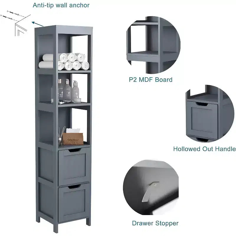 Meuble de rangement haut et étroit pour salle de bain de 145 cm avec étagères et tiroirs, organisateur de tour étanche