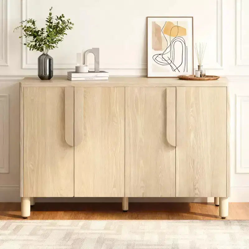 Luxystar 4-Door Sideboard Cabinet with Storage, Unique Arc Handles and Adjustable Shelves for Dining and Living Room, Natural