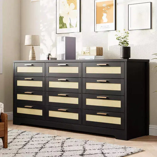 12 Drawer Dresser for Bedroom, Modern Rattan Chest of Drawers, Wood Storage Organizer with Rattan Panel Drawers and Handles, for Nursery, Entryway