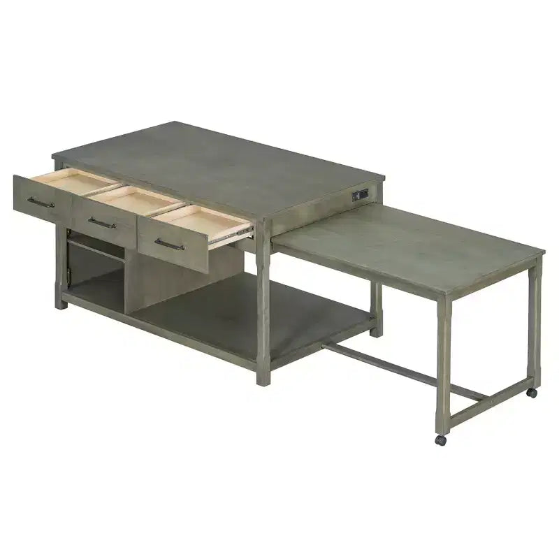 Îlot de cuisine extensible avec rangement et prises électriques, chariot de cuisine rétro multifonctionnel sur roulettes avec tiroirs et étagères ouvertes, gris