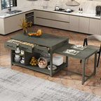 Îlot de cuisine extensible avec rangement et prises électriques, chariot de cuisine rétro multifonctionnel sur roulettes avec tiroirs et étagères ouvertes, gris
