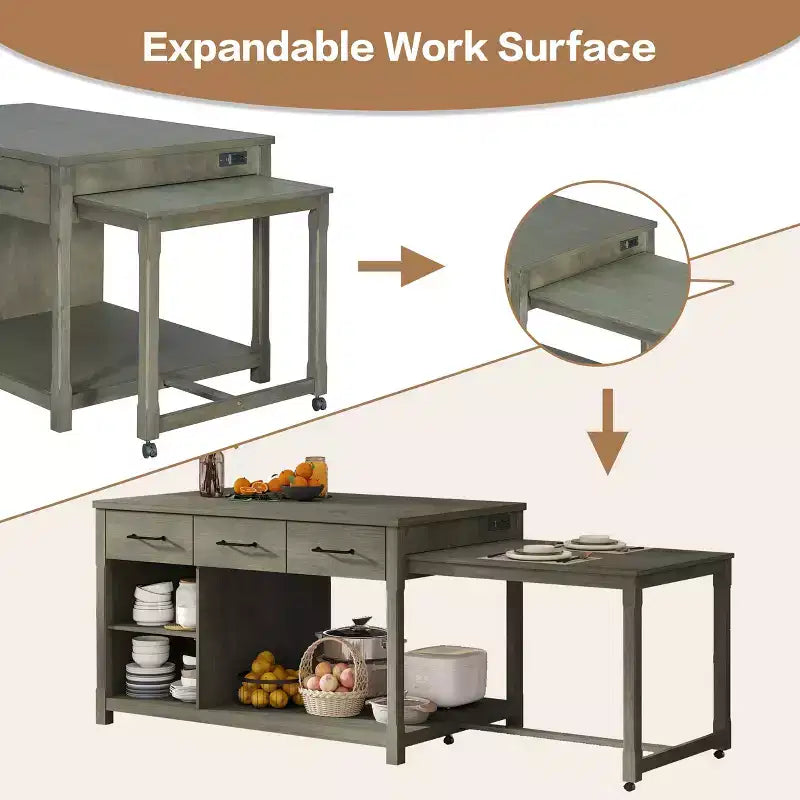 Îlot de cuisine extensible avec rangement et prises électriques, chariot de cuisine rétro multifonctionnel sur roulettes avec tiroirs et étagères ouvertes, gris