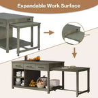 Îlot de cuisine extensible avec rangement et prises électriques, chariot de cuisine rétro multifonctionnel sur roulettes avec tiroirs et étagères ouvertes, gris
