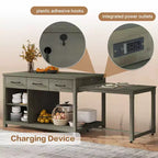 Îlot de cuisine extensible avec rangement et prises électriques, chariot de cuisine rétro multifonctionnel sur roulettes avec tiroirs et étagères ouvertes, gris