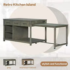 Îlot de cuisine extensible avec rangement et prises électriques, chariot de cuisine rétro multifonctionnel sur roulettes avec tiroirs et étagères ouvertes, gris