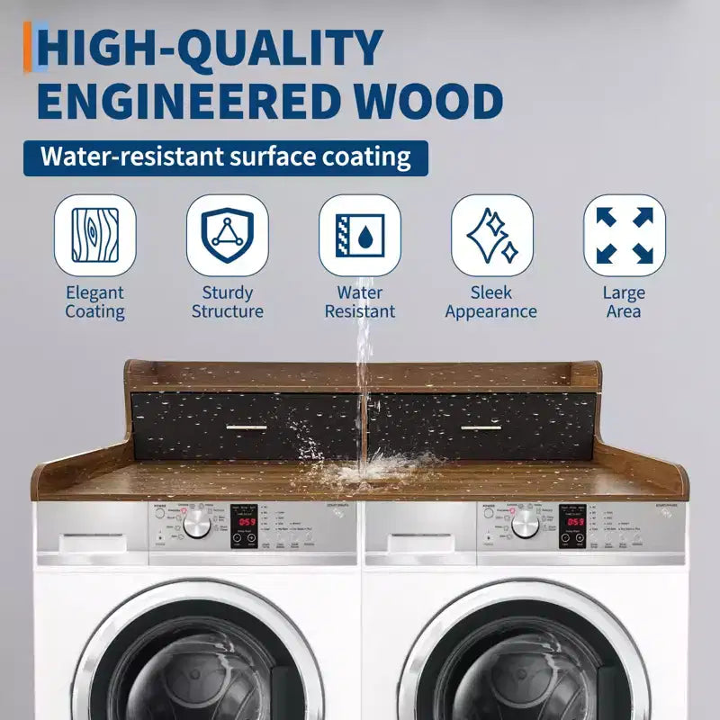 Organisateur de linge en bois à 2 niveaux pour lave-linge/sèche-linge 54x27.55 avec tiroirs et patins antidérapants