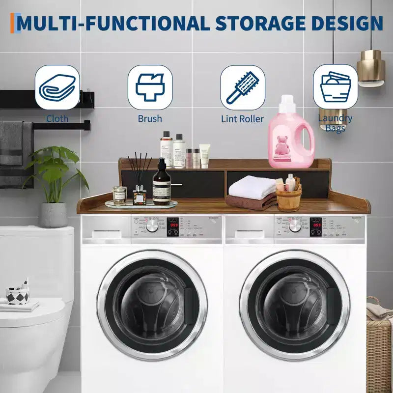 Organisateur de linge en bois à 2 niveaux pour lave-linge/sèche-linge 54x27.55 avec tiroirs et patins antidérapants