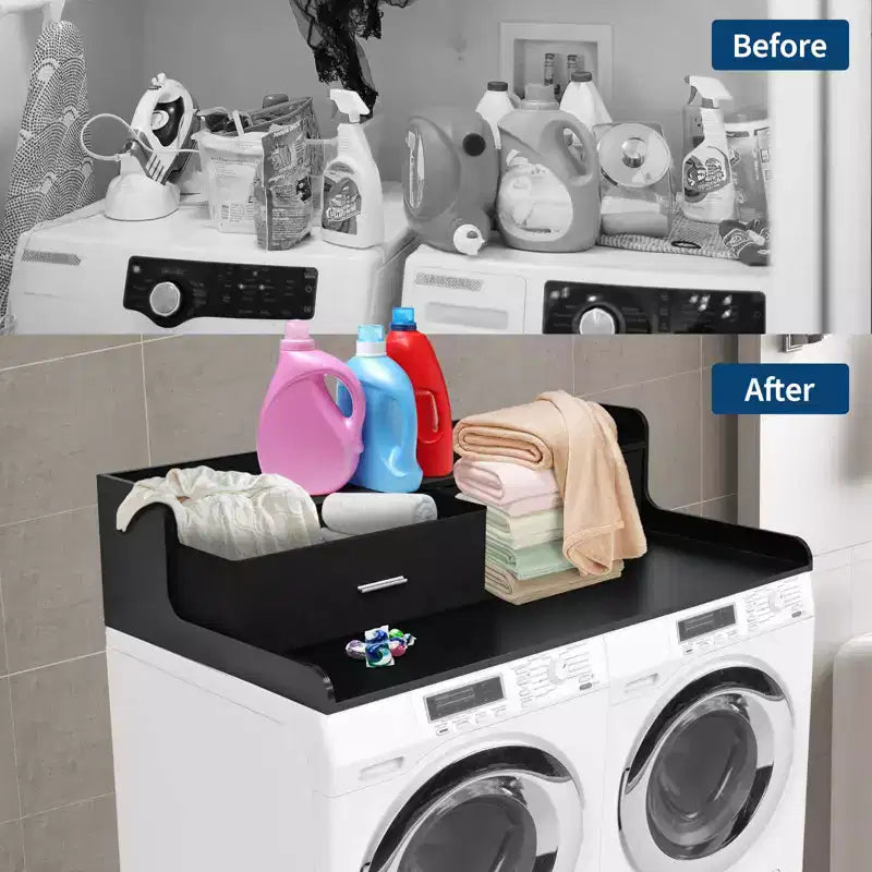 Organisateur de linge en bois à 2 niveaux pour lave-linge/sèche-linge 54x27.55 avec tiroirs et patins antidérapants