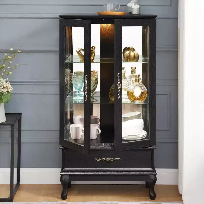 Vitrine élégante en verre lumineux - Meuble de rangement en bois pour le salon, la cuisine et le cellier - Idéale pour le vin, les jouets et les objets de collection - Noir