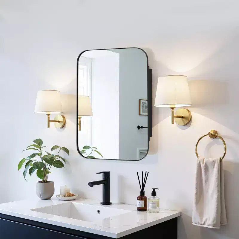 MAYEERTY 24 x 16in Modern Rectangular Bathroom Medicine Cabinets, Metal Framed Wall Mirror with Storage, Black