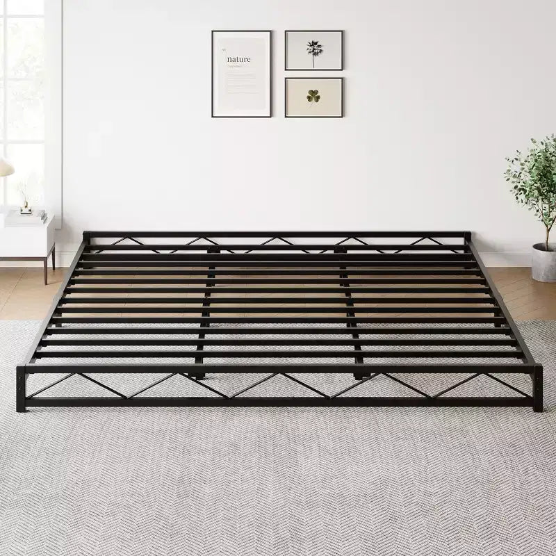 Cadre de lit plateforme en métal avec motif ondulé, sommier, montage facile, aucun sommier tapissier requis, hauteur 6 po
