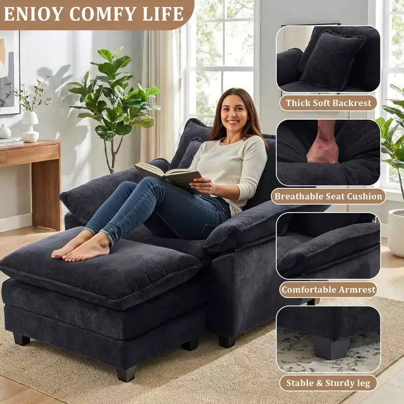 Fauteuil d'appoint surdimensionné en chenille avec pouf