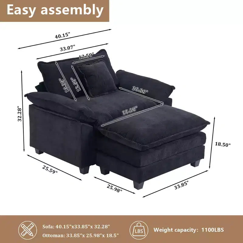 Fauteuil d'appoint surdimensionné en chenille avec pouf