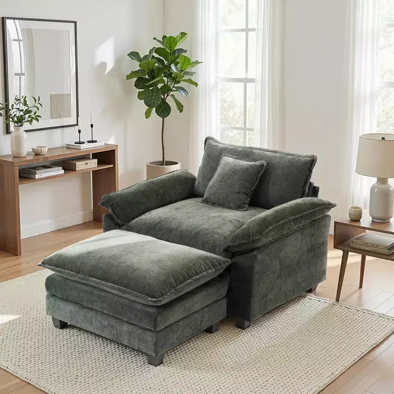 Fauteuil d'appoint surdimensionné en chenille avec pouf