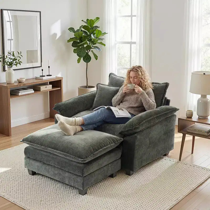 Fauteuil d'appoint surdimensionné en chenille avec pouf