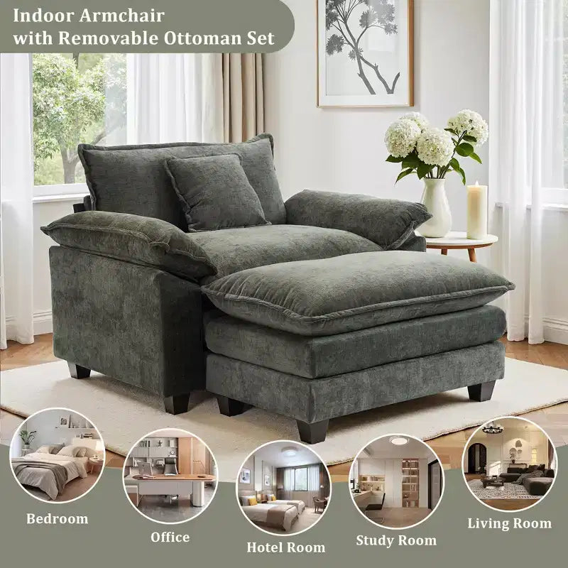 Fauteuil d'appoint surdimensionné en chenille avec pouf
