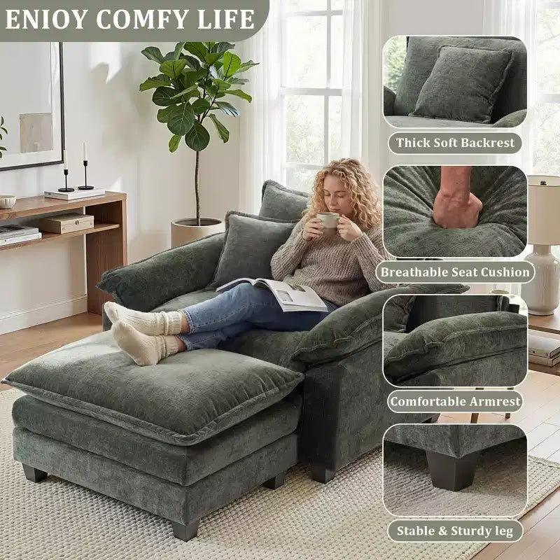 Fauteuil d'appoint surdimensionné en chenille avec pouf