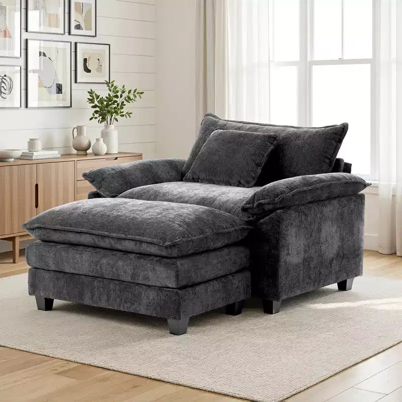 Fauteuil d'appoint surdimensionné en chenille avec pouf
