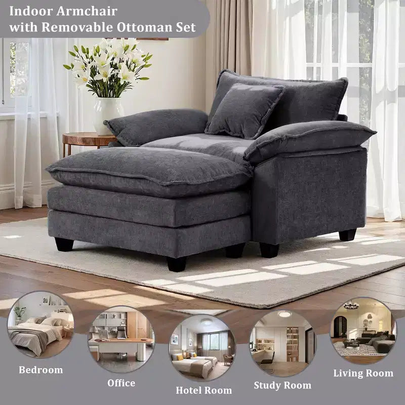 Fauteuil d'appoint surdimensionné en chenille avec pouf