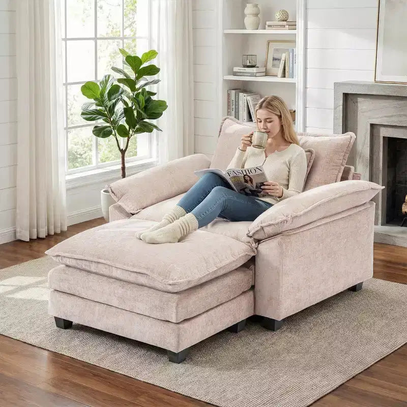 Fauteuil d'appoint surdimensionné en chenille avec pouf