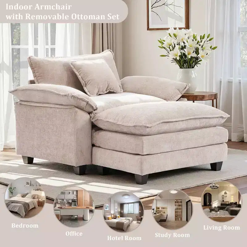 Fauteuil d'appoint surdimensionné en chenille avec pouf