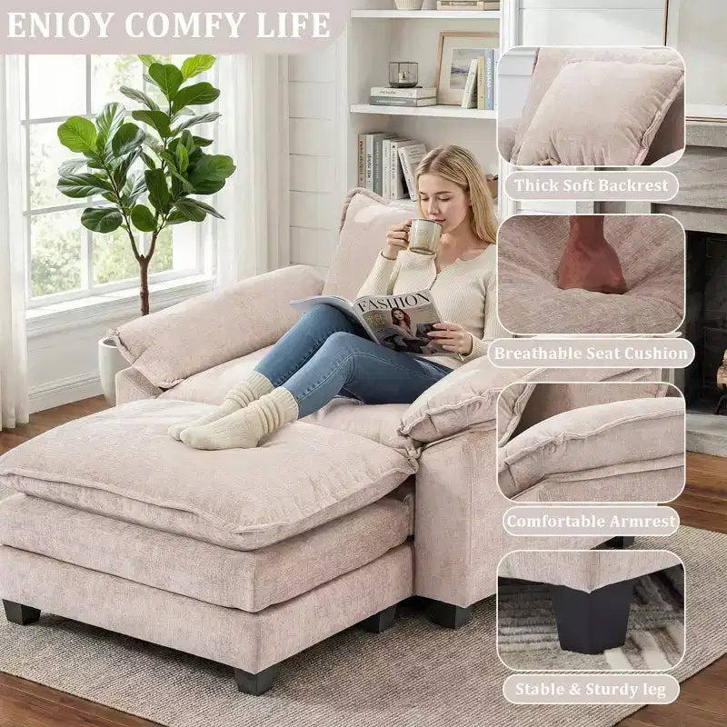 Fauteuil d'appoint surdimensionné en chenille avec pouf