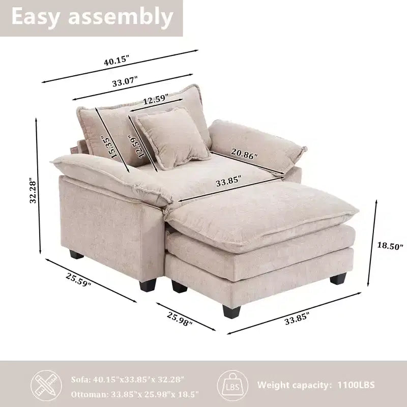 Fauteuil d'appoint surdimensionné en chenille avec pouf
