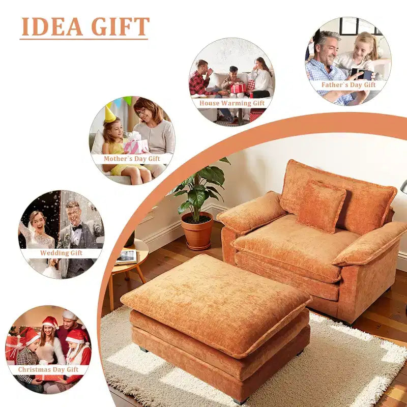 Fauteuil d'appoint surdimensionné en chenille avec pouf