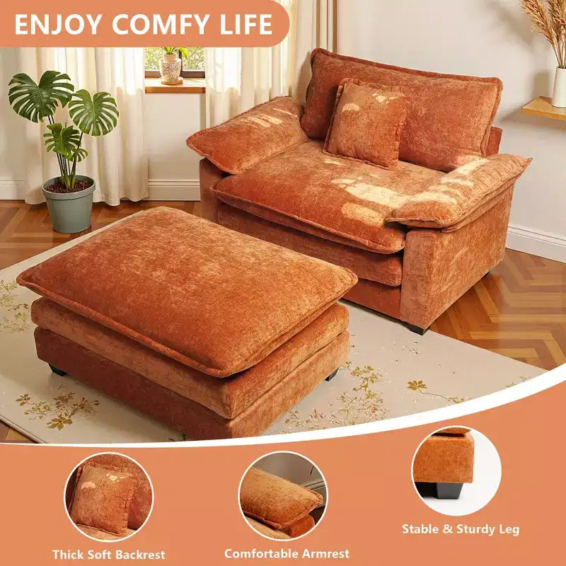 Fauteuil d'appoint surdimensionné en chenille avec pouf