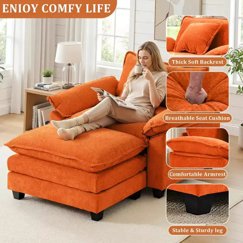 Fauteuil d'appoint surdimensionné en chenille avec pouf