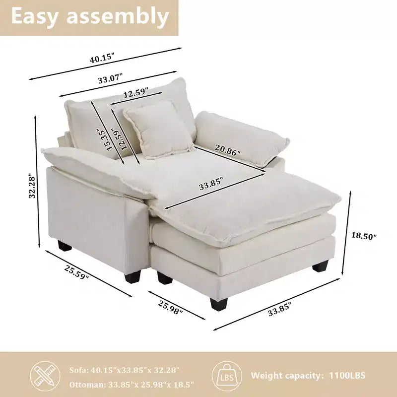 Fauteuil d'appoint surdimensionné en chenille avec pouf