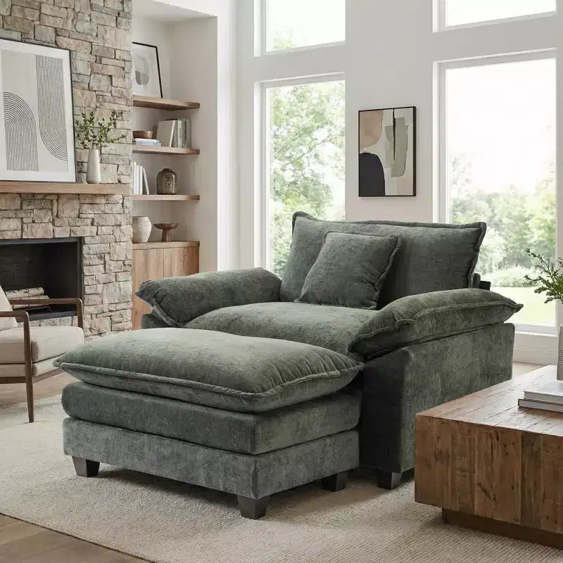 Fauteuil d'appoint surdimensionné en chenille avec pouf
