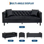 Canapé en cuir 78 po, canapé 3 places touffeté fait à la main, canapé Chesterfield avec assise profonde et 2 coussins, canapé en cuir, noir charbon de bois