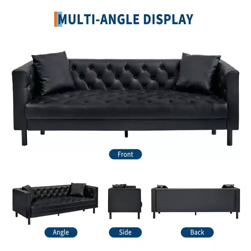Canapé en cuir 78 po, canapé 3 places touffeté fait à la main, canapé Chesterfield avec assise profonde et 2 coussins, canapé en cuir, noir charbon de bois