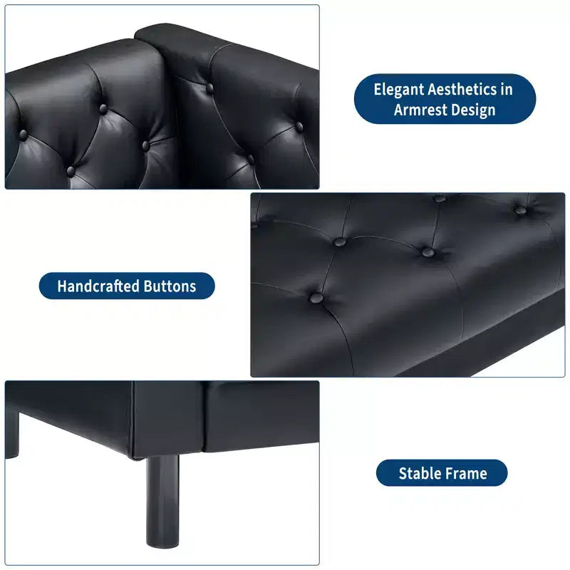 Canapé en cuir 78 po, canapé 3 places touffeté fait à la main, canapé Chesterfield avec assise profonde et 2 coussins, canapé en cuir, noir charbon de bois