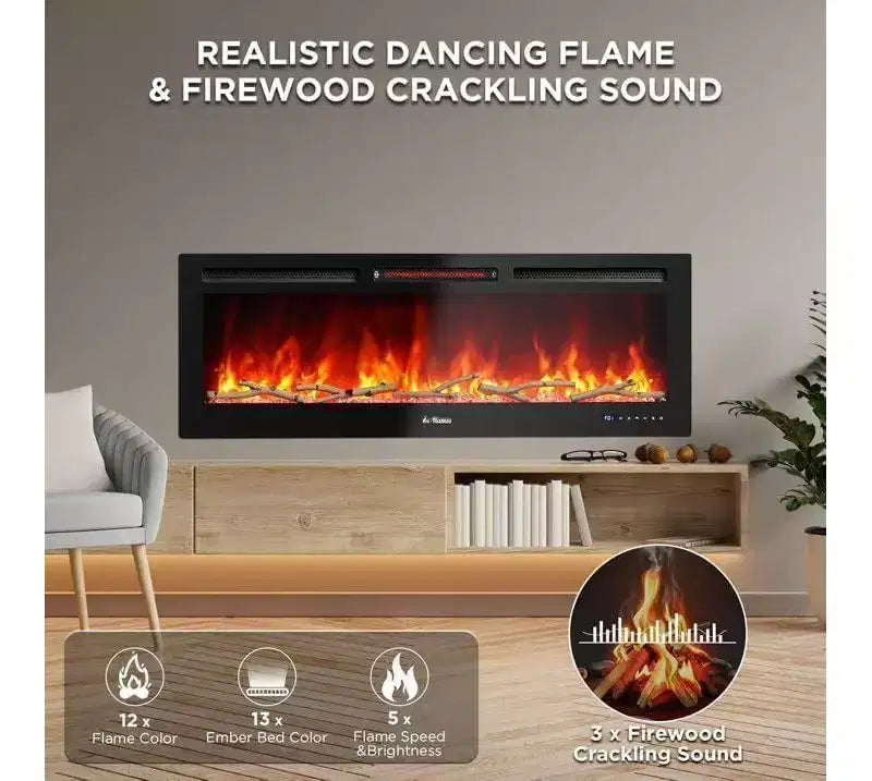 Cheminée électrique 88 pouces, intelligente encastrée ou murale, contrôle WiFi, double chauffage 750/1500W, 12 couleurs de flamme, écran tactile, minuterie