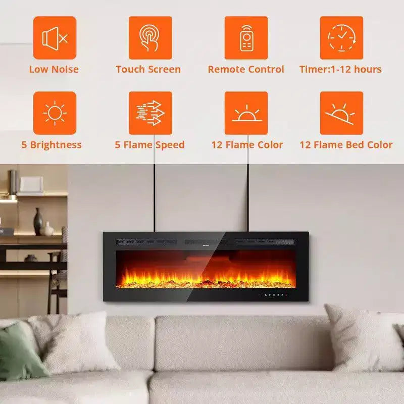 Cheminée électrique 88 pouces, intelligente encastrée ou murale, contrôle WiFi, double chauffage 750/1500W, 12 couleurs de flamme, écran tactile, minuterie