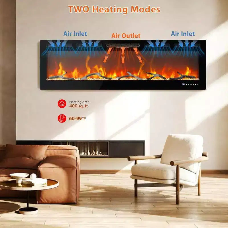 Cheminée électrique 88 pouces, intelligente encastrée ou murale, contrôle WiFi, double chauffage 750/1500W, 12 couleurs de flamme, écran tactile, minuterie