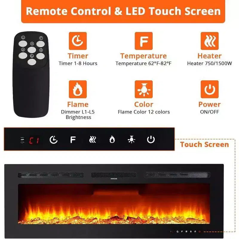 Cheminée électrique 88 pouces, intelligente encastrée ou murale, contrôle WiFi, double chauffage 750/1500W, 12 couleurs de flamme, écran tactile, minuterie