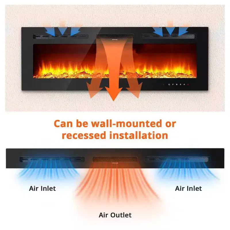 Cheminée électrique intelligente encastrable ou murale de 80 pouces, double chauffage 750/1500W avec télécommande, flammes réglables, écran tactile, minuterie