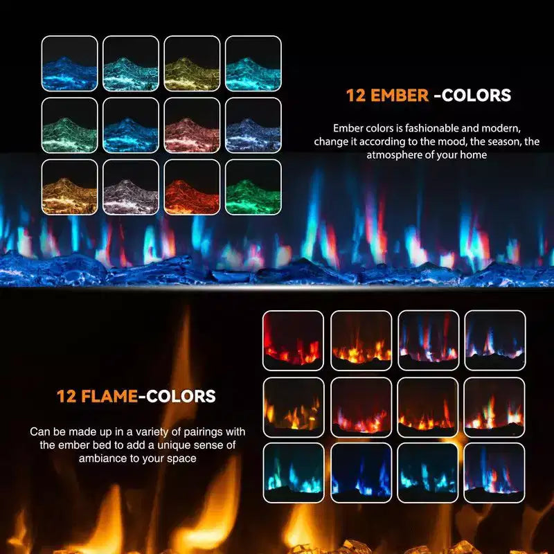 Cheminée électrique intelligente encastrable ou murale de 80 pouces, double chauffage 750/1500W avec télécommande, flammes réglables, écran tactile, minuterie