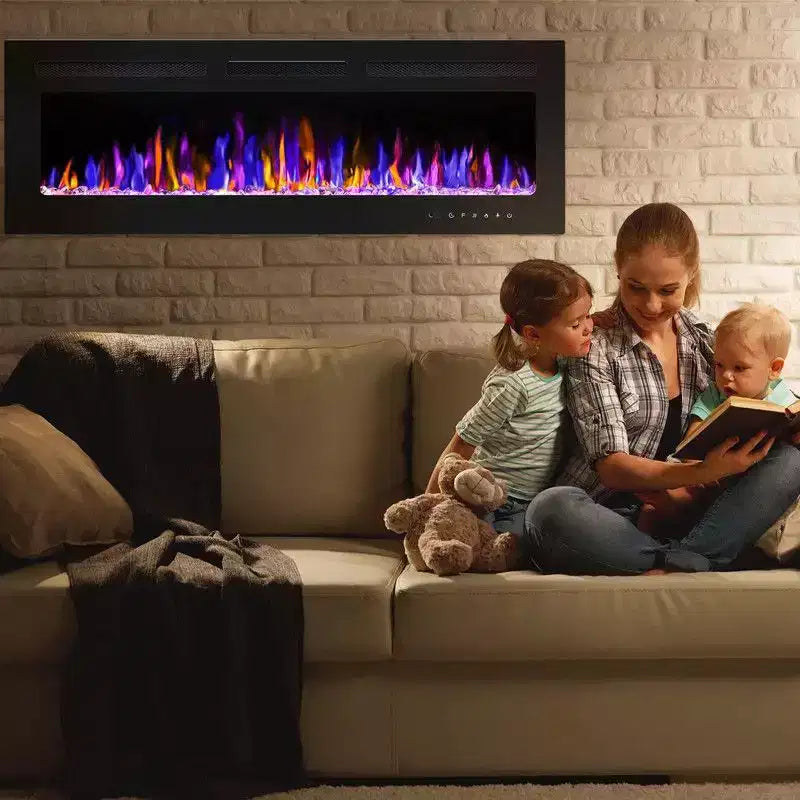 Cheminée électrique intelligente encastrable ou murale de 80 pouces, double chauffage 750/1500W avec télécommande, flammes réglables, écran tactile, minuterie