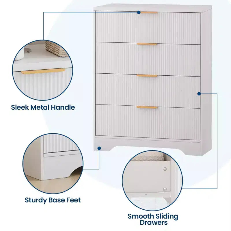 Commode à 5 tiroirs cannelée pour chambre à coucher, commode moderne de 120 cm de haut avec poignées en métal doré, commode en bois pour placard, salon, couloir