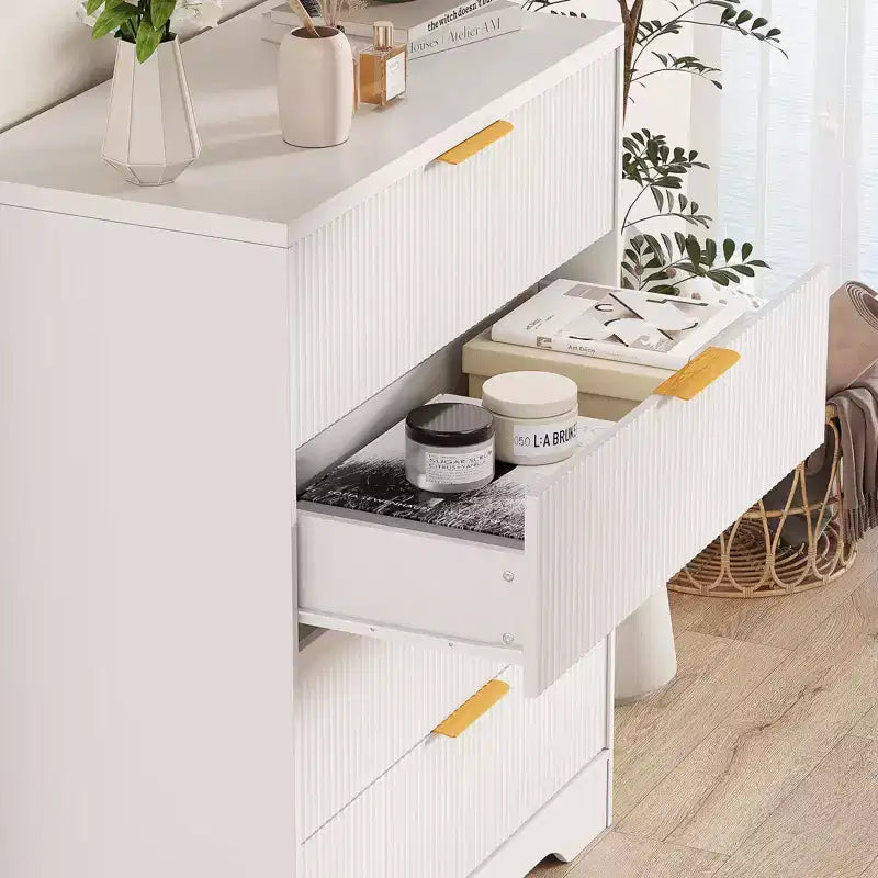 Commode à 5 tiroirs cannelée pour chambre à coucher, commode moderne de 120 cm de haut avec poignées en métal doré, commode en bois pour placard, salon, couloir