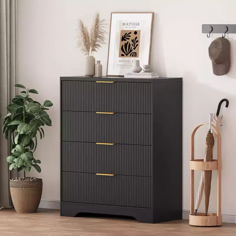 Commode à 5 tiroirs cannelée pour chambre à coucher, commode moderne de 120 cm de haut avec poignées en métal doré, commode en bois pour placard, salon, couloir